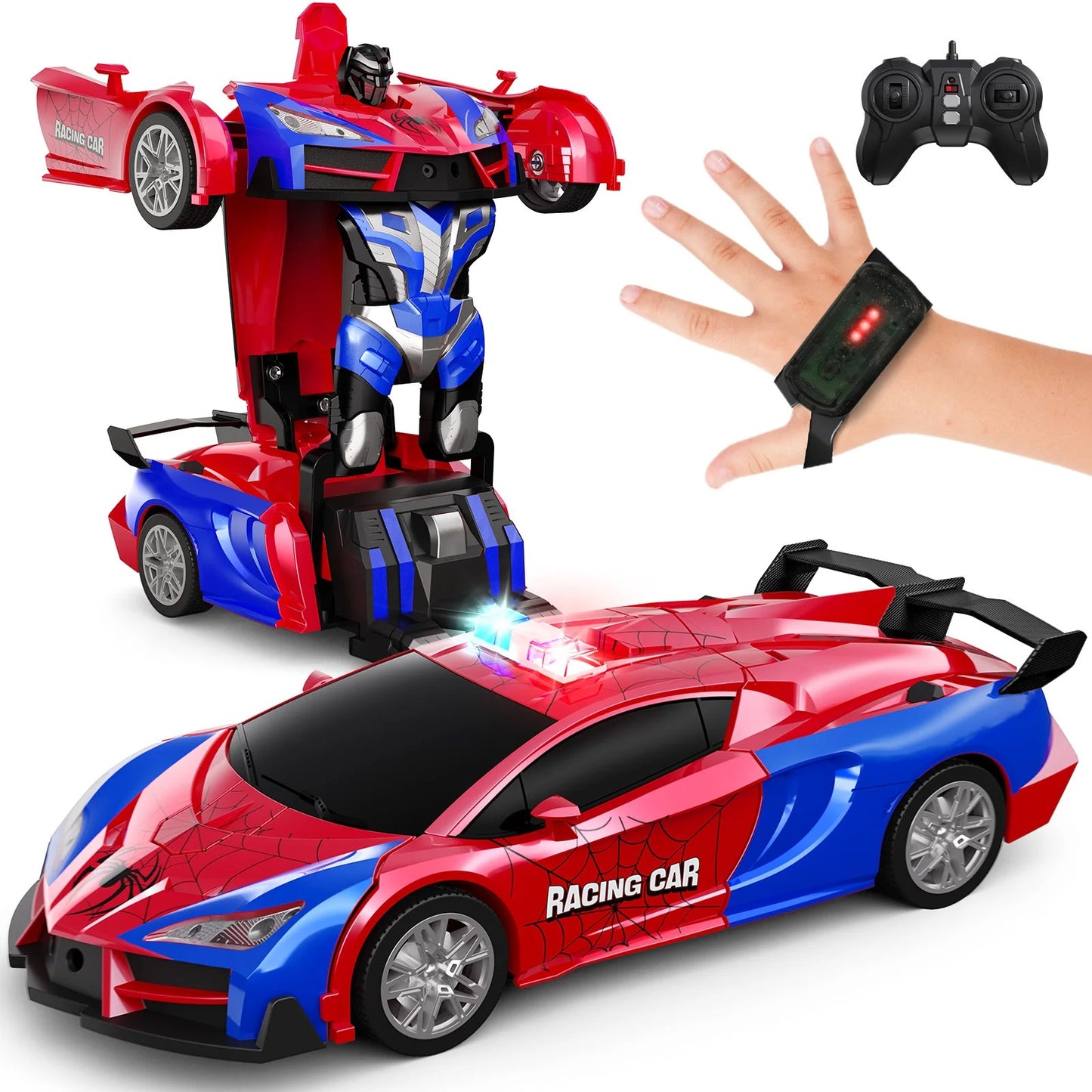Remote Control Cars Police Car Toy Gesture Sensing with LED Light, 2.4GHz One Button Transformation Robot RC Cars Gift for Kids