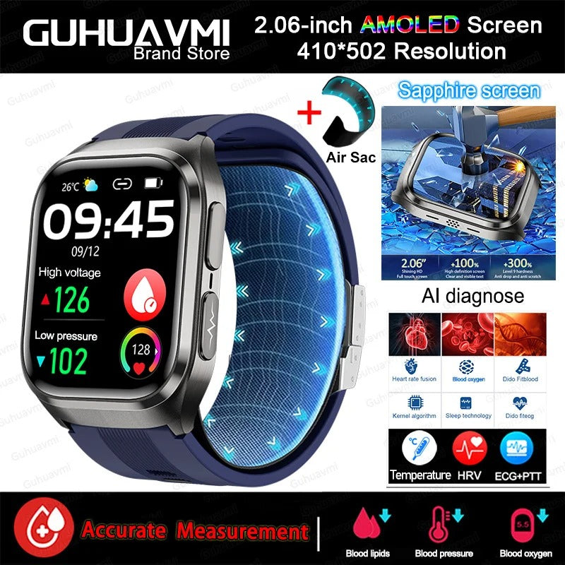 2026 New Upgrade AI Diagnostic Airbag Precise Blood Pressure Health SmartWatch Uric Acid ECG Blood lipids Smartwatch Men Women