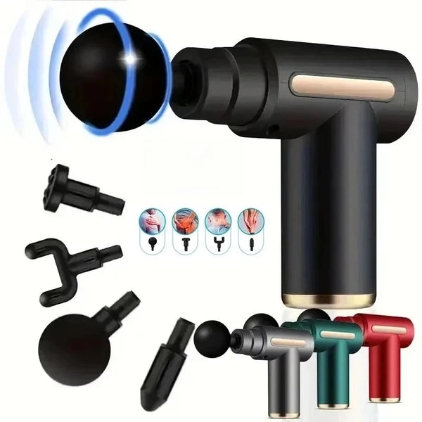 Electric massage gun, 4-piece deep tissue percussion massage tool, relaxes muscles in body parts and relieves pain.