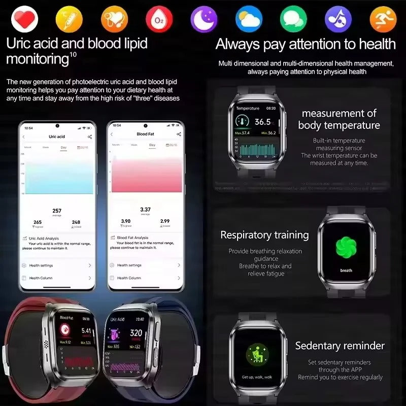 2026 New Upgrade AI Diagnostic Airbag Precise Blood Pressure Health SmartWatch Uric Acid ECG Blood lipids Smartwatch Men Women